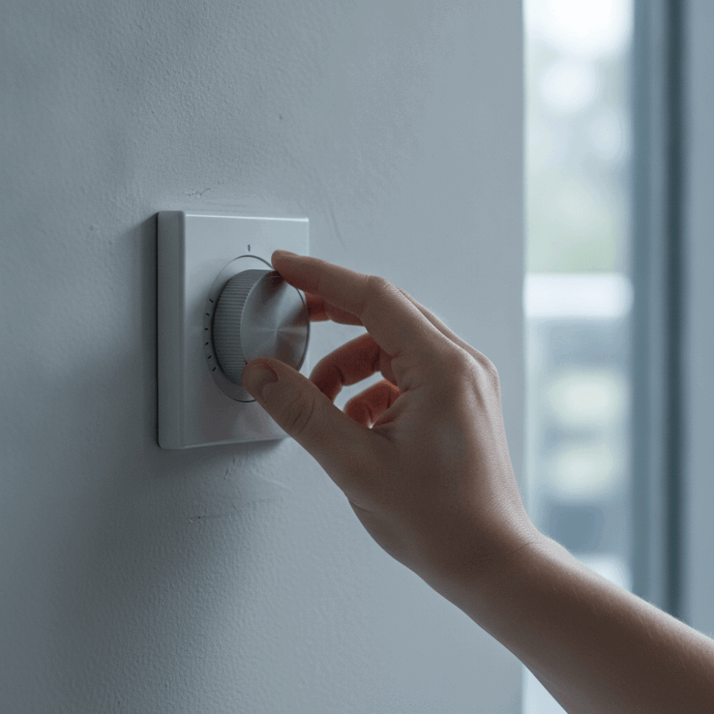Main d'employé ajustant un thermostat mural pour réduire le chauffage dans un bureau tertiaire