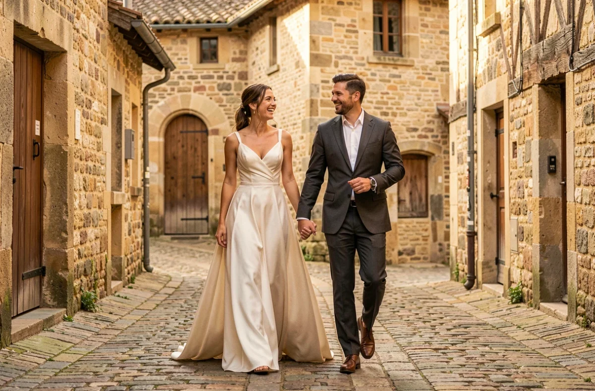 Couple de mariés marchant dans les ruelles médiévales en pierre de Pérouges, photographiés par ABC Foto