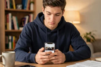 Homme utilisant son smartphone pour accéder à un site de streaming sur mobile depuis chez lui