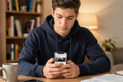 Homme utilisant son smartphone pour accéder à un site de streaming sur mobile depuis chez lui