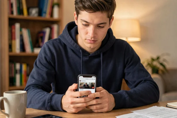 Homme utilisant son smartphone pour accéder à un site de streaming sur mobile depuis chez lui