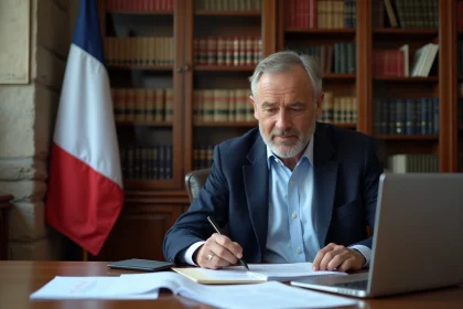 Adjoint au maire en train d'examiner des documents budgétaires dans son bureau de mairie