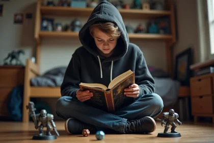 Adolescent lisant un roman Warhammer 40K entouré de figurines et dés sur un parquet en bois dans sa chambre