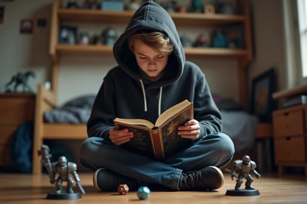 Adolescent lisant un roman Warhammer 40K entouré de figurines et dés sur un parquet en bois dans sa chambre