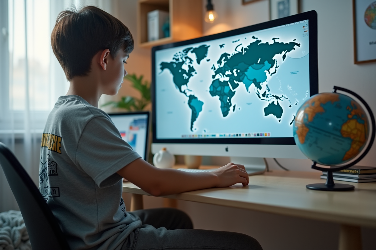 Adolescent explorant un monde virtuel sur son ordinateur
