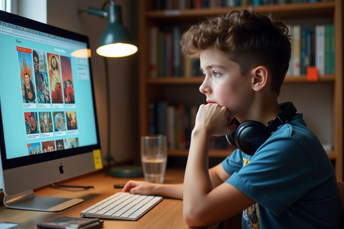 Adolescent lisant un webtoon sur ordinateur portable à son bureau, illustration d'un article destiné aux parents sur les plateformes de manhwas et webtoons