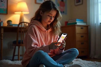 Adolescente assise par terre dans sa chambre lisant des webtoons sur son smartphone, illustration pour un article sur les parents et les manhwas en ligne