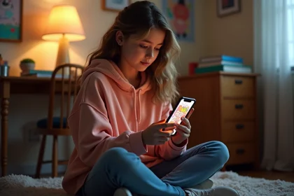 Adolescente assise par terre dans sa chambre lisant des webtoons sur son smartphone, illustration pour un article sur les parents et les manhwas en ligne