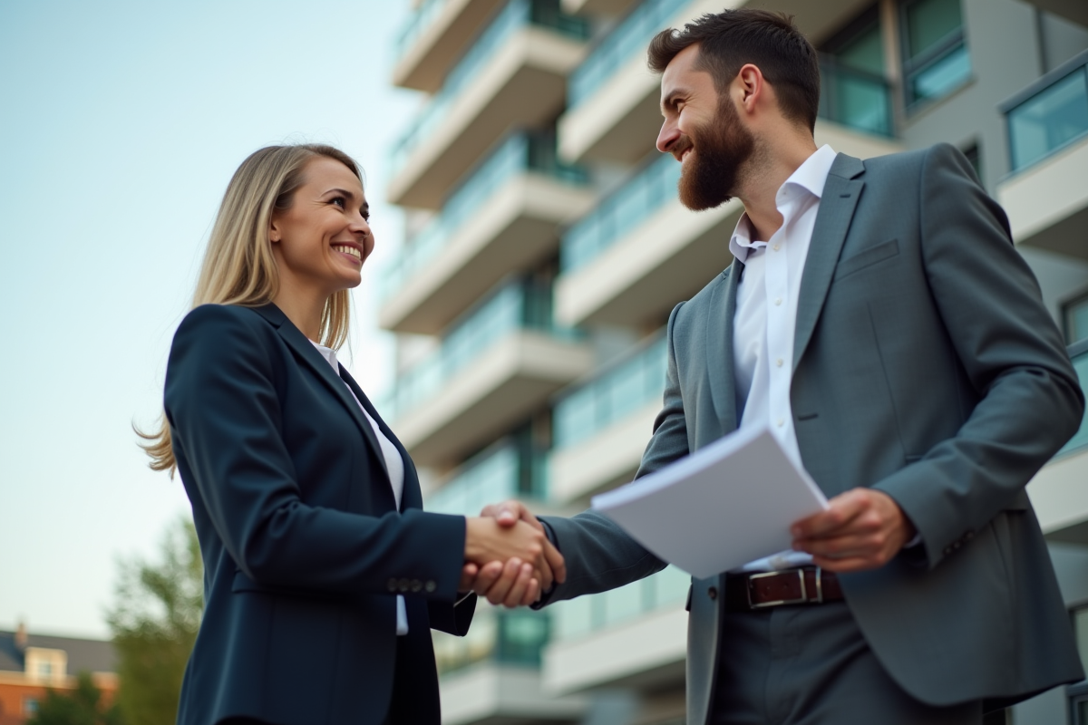 Agent immobilier souriant avec client devant immeuble moderne