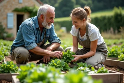 Agriculteur et jeune femme examinant des légumes fraîchement récoltés dans un potager convivial en milieu rural français
