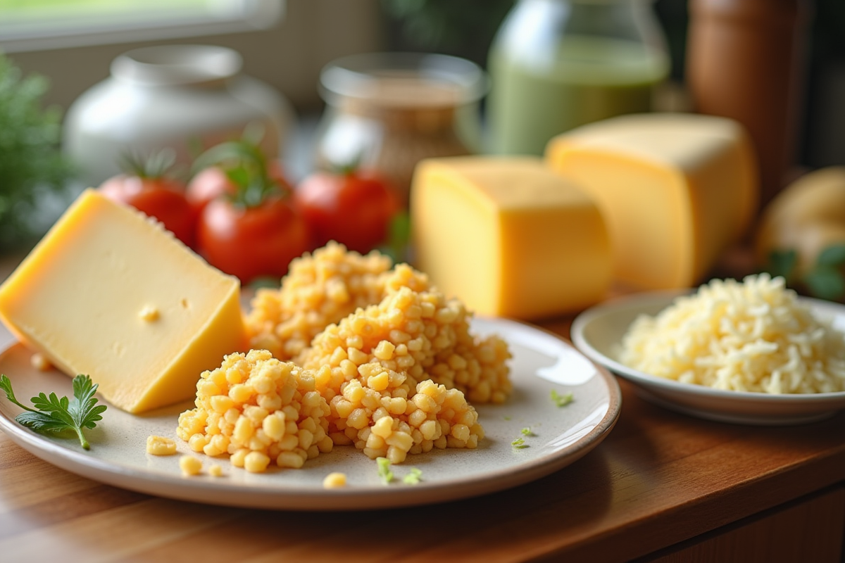 Sélection d'aliments riches en vitamine K2 sur un plan de travail