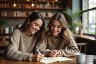 Deux amies écrivant une lettre d'amitié sincère ensemble dans un café chaleureux