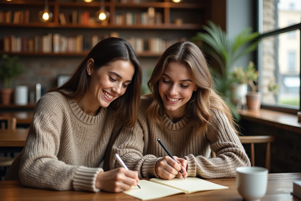 Deux amies écrivant une lettre d'amitié sincère ensemble dans un café chaleureux
