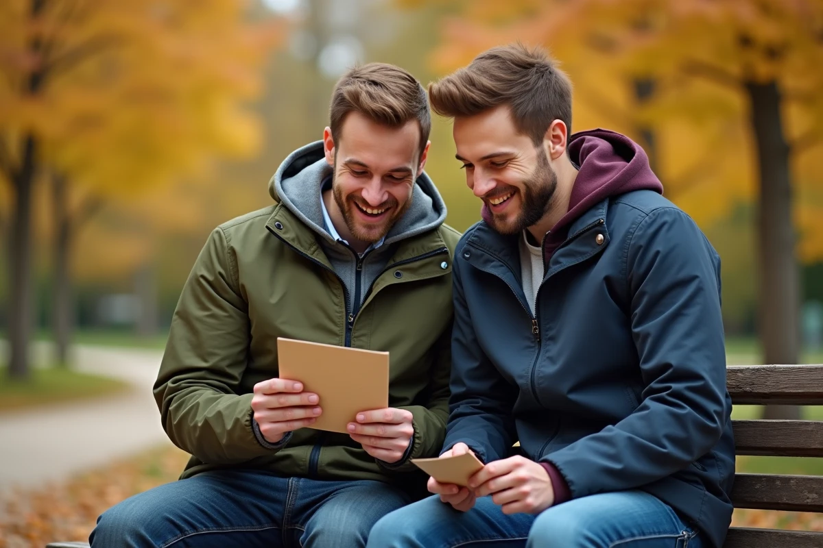 Deux amis hommes lisant une carte d'amitié touchante dans un parc en automne
