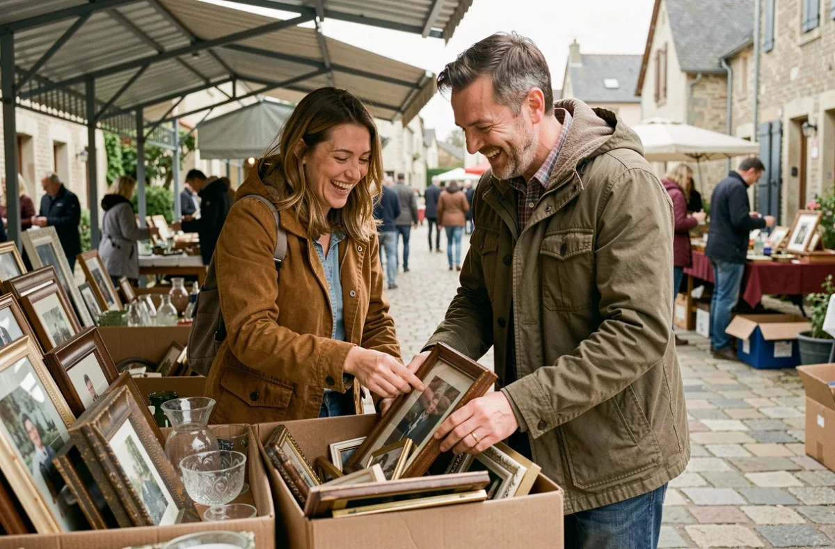 Deux amis riant en fouillant des cadres anciens et de la vaisselle sur un vide grenier couvert dans l'Orne