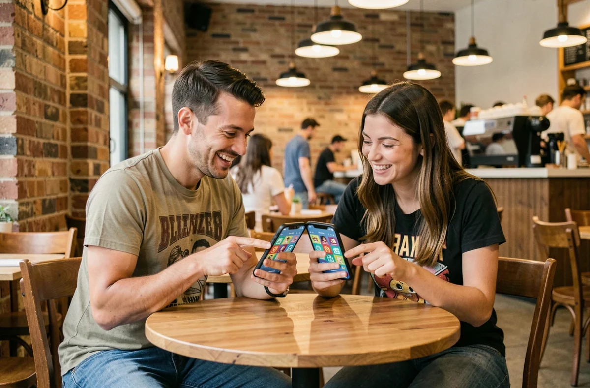 Deux amis comparant leurs progrès dans le Club Magnat Monopoly GO dans un café