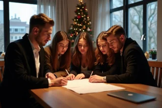 Groupe d'amis en tenue élégante lors d'une fête d'hiver