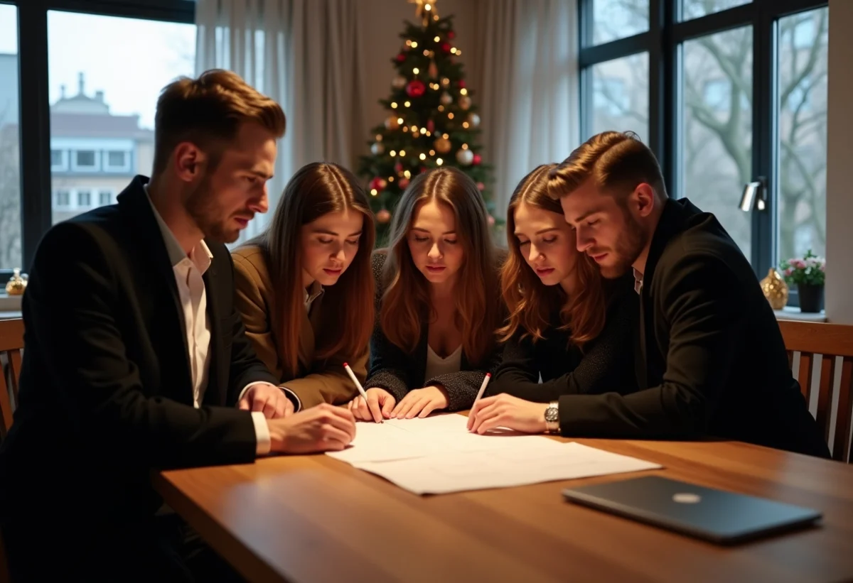 Groupe d'amis en tenue élégante lors d'une fête d'hiver