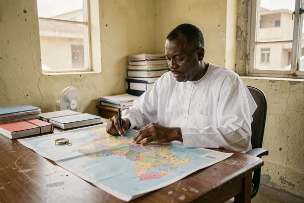 Homme africain étudiant une carte du continent africain dans un bureau gouvernemental, illustrant l'analyse géopolitique des grands pays d'Afrique