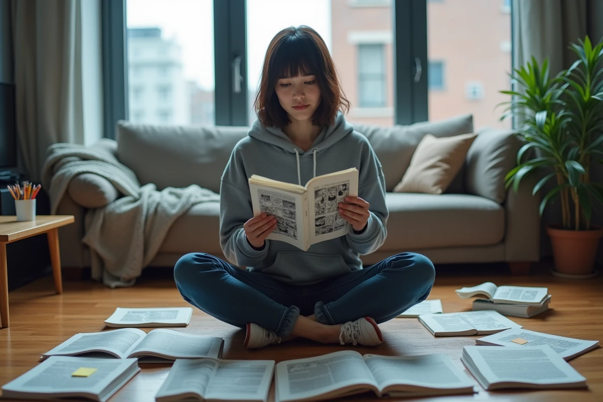 Jeune femme analysant un chapitre de manga entourée de volumes One Punch Man et de notes manuscrites sur le sol