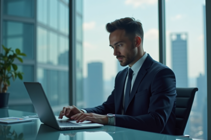 Analyste financier en costume dans un bureau moderne