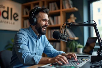 Homme animateur radio dans un studio moderne