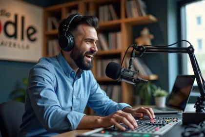 Homme animateur radio dans un studio moderne
