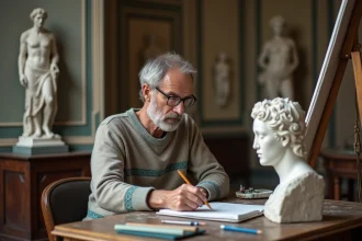 Artiste homme en train de dessiner une sculpture classique