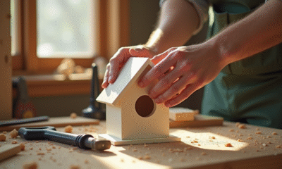 Mains assemblant une petite cabane d'oiseau en PVC sur un établi en bois