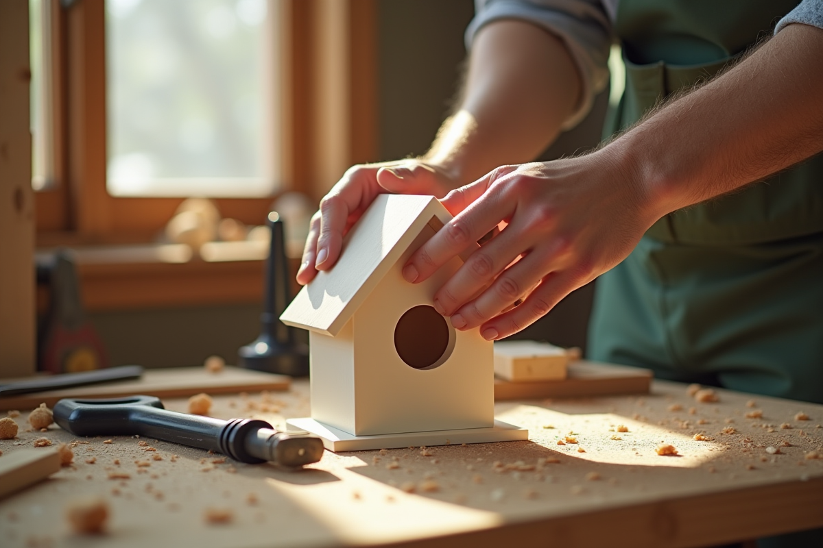 Mains assemblant une petite cabane d'oiseau en PVC sur un établi en bois