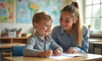Assistante scolaire souriante aidant un enfant avec besoins spéciaux