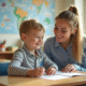 Assistante scolaire souriante aidant un enfant avec besoins spéciaux