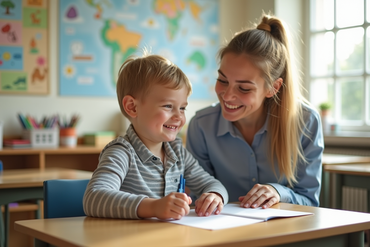 Assistante scolaire souriante aidant un enfant avec besoins spéciaux