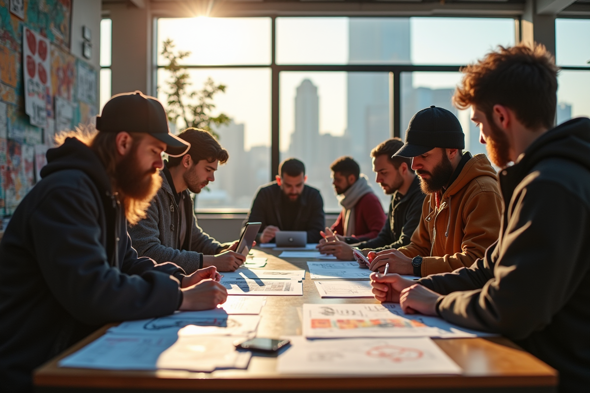 Groupe de passionnes de streetwear travaillant ensemble en espace créatif