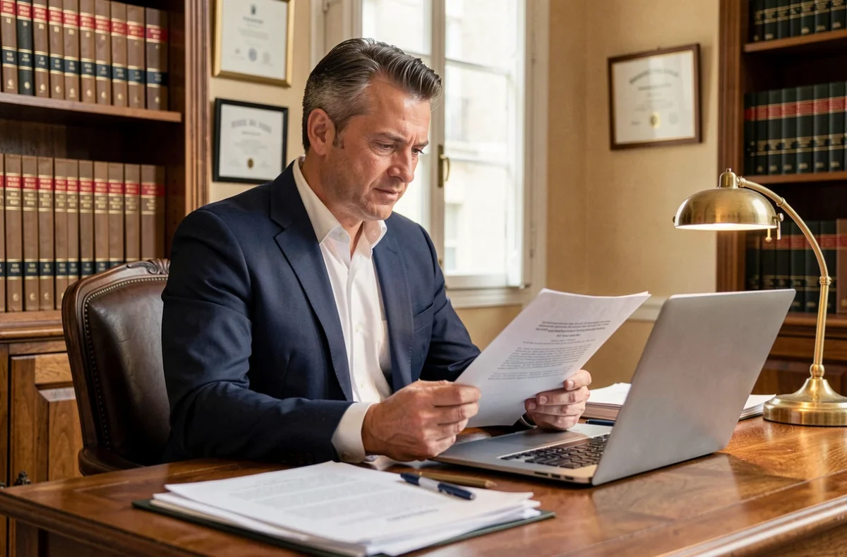 Avocat professionnel en costume marine examinant des dossiers juridiques dans un cabinet d'avocats à Cusset ou Vichy