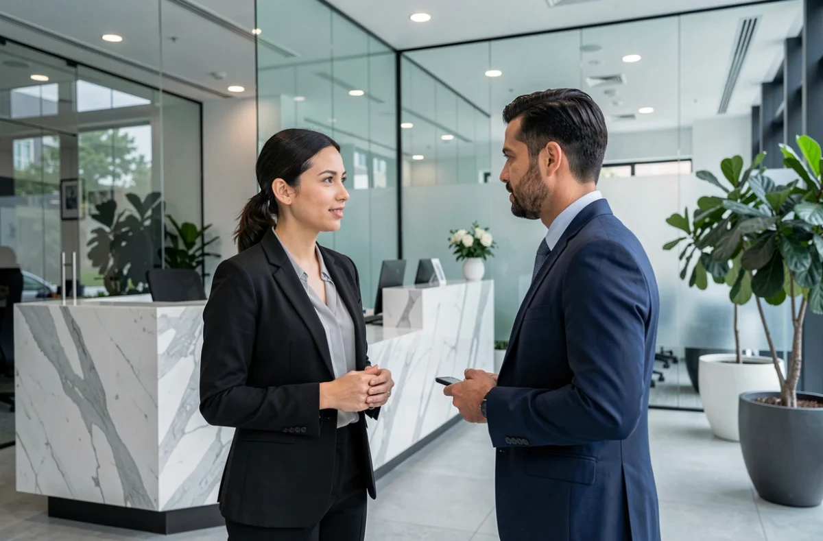 Avocate en consultation avec un client professionnel dans un cabinet moderne spécialisé par secteur d'activité