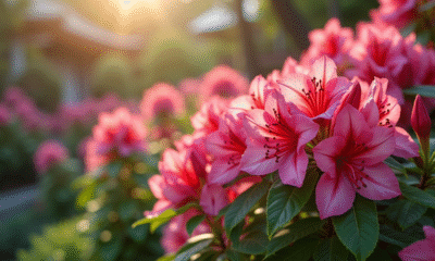 Azalées en fleurs dans un jardin japonais au printemps