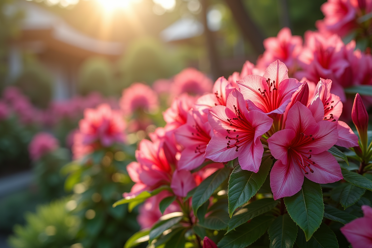 Azalées en fleurs dans un jardin japonais au printemps