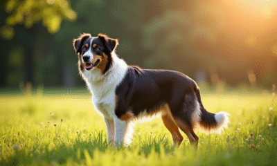Chien berger australien en plein air dans une prairie ensoleillee