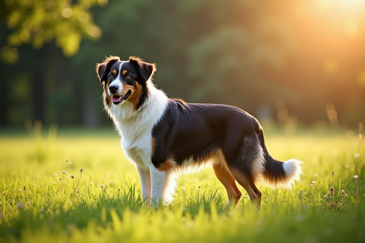 Chien berger australien en plein air dans une prairie ensoleillee