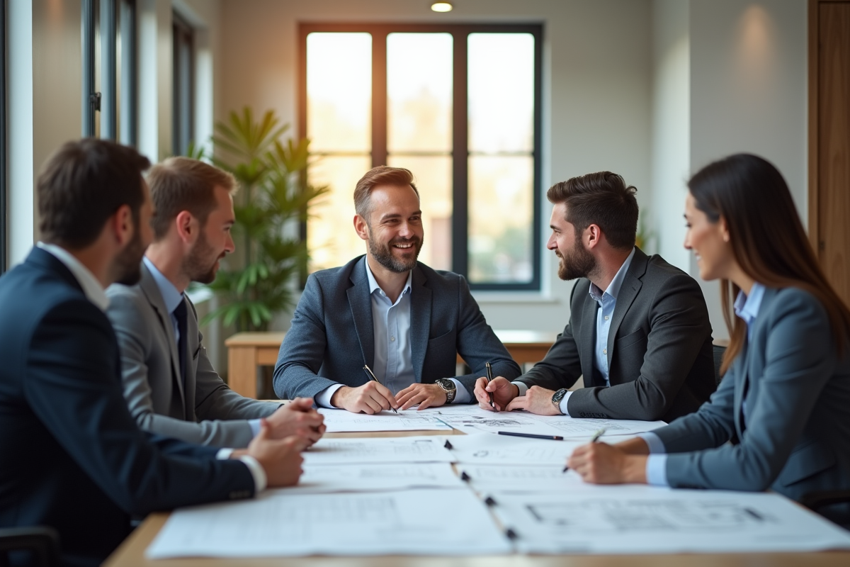 Interior d un bureau immobilier avec discussion de plans