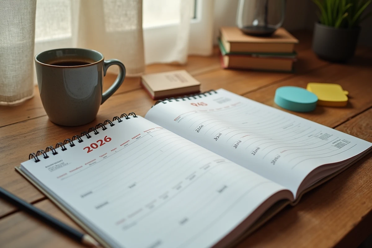 Calendrier de bureau imprimé 2026 posé sur une table en bois avec accessoires de planification organisationnelle