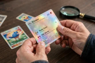 Mains tenant une carte Pokémon holographique rare au-dessus d'un bureau en bois avec loupe de collection