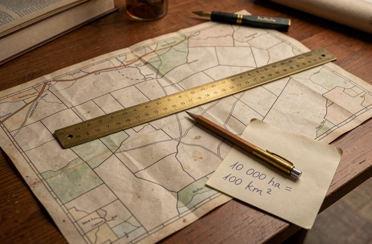 Carte topographique sur bureau avec calcul manuscrit de conversion d'hectares en kilomètres carrés