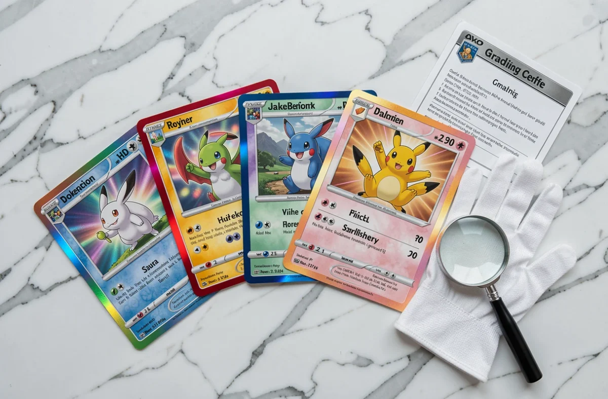 Vue aérienne de cartes Pokémon rares étalées sur marbre blanc avec outils d'expertise et certificat de cotation