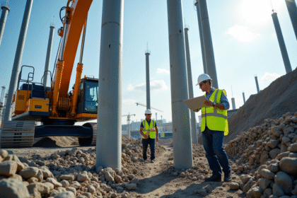 Chantier moderne avec piles en béton armé en cours d'installation