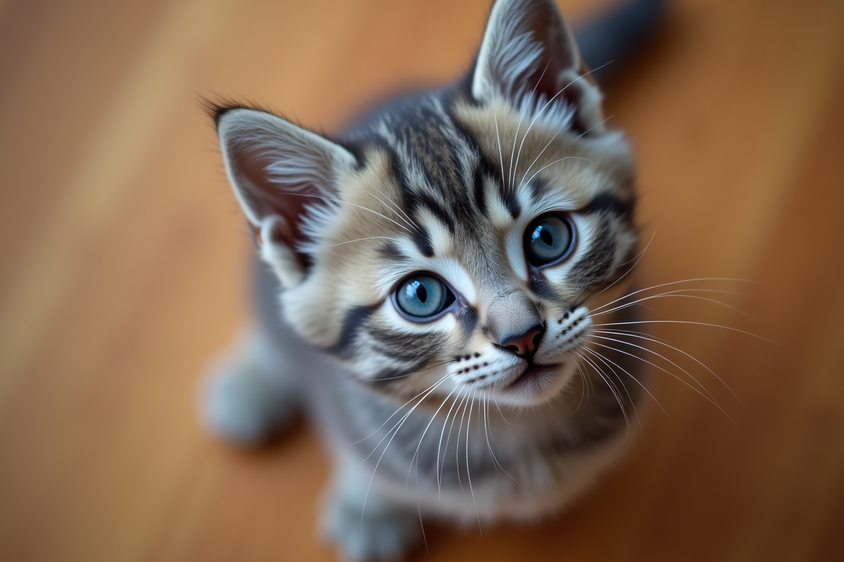 Chaton gris curieux regardant en haut sur le sol en bois