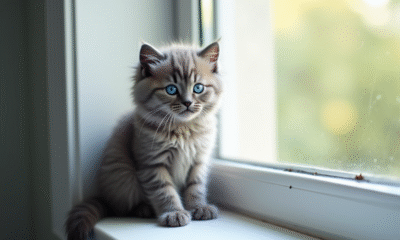 Chaton gris aux yeux bleus sur une fenetre lumineuse