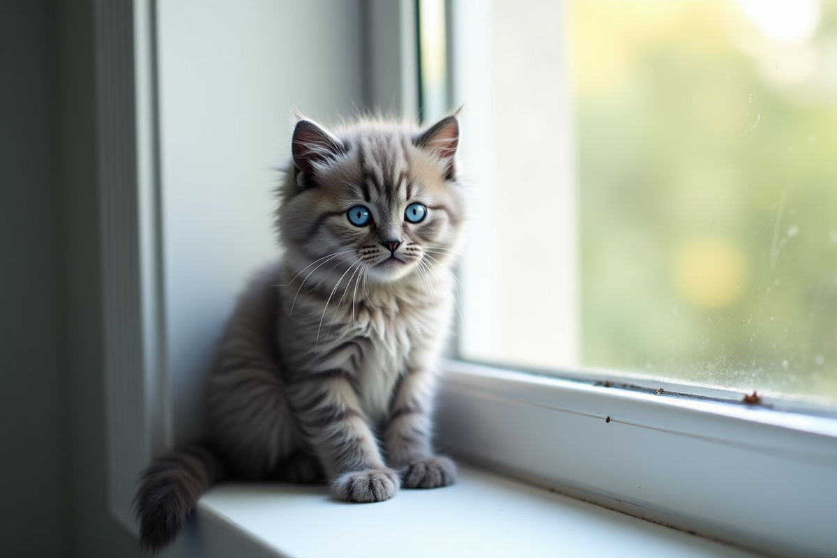 Chaton gris aux yeux bleus sur une fenetre lumineuse