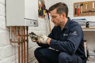 Chauffagiste professionnel inspectant une chaudière murale dans une maison du Finistère
